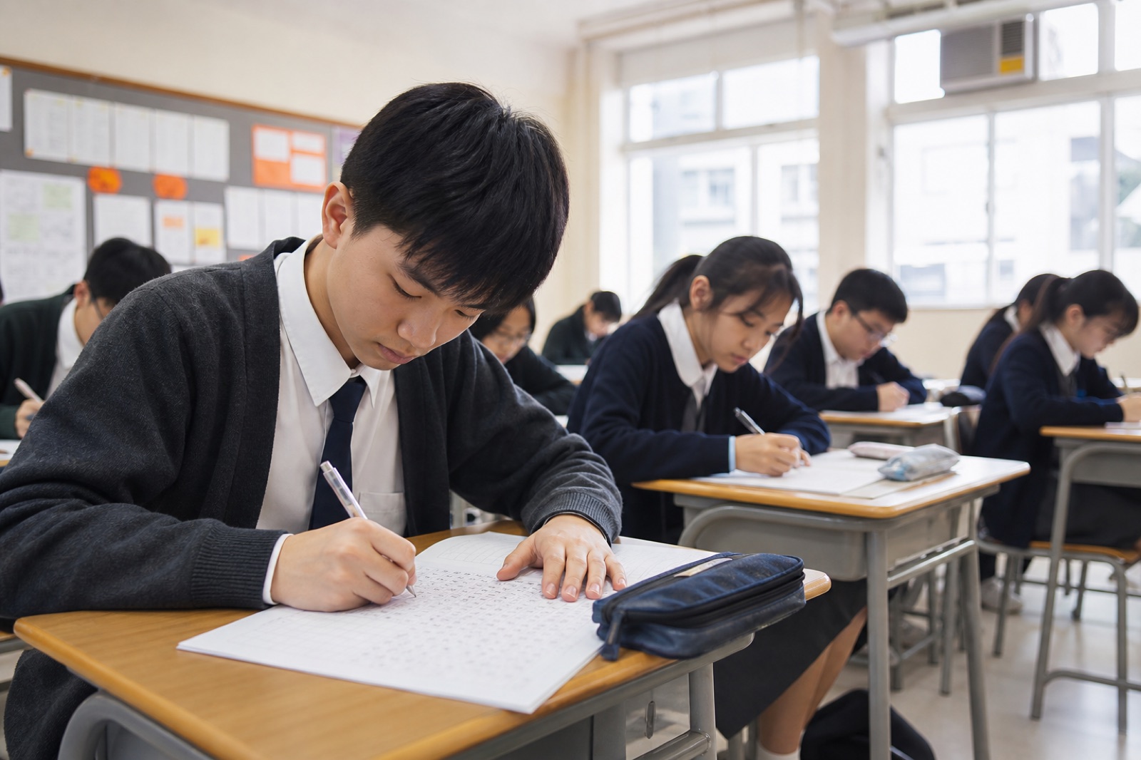 香港中學生在課室內專心書寫中文作文