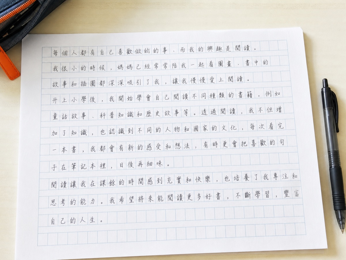 由左至右橫向書寫的中文作文紙