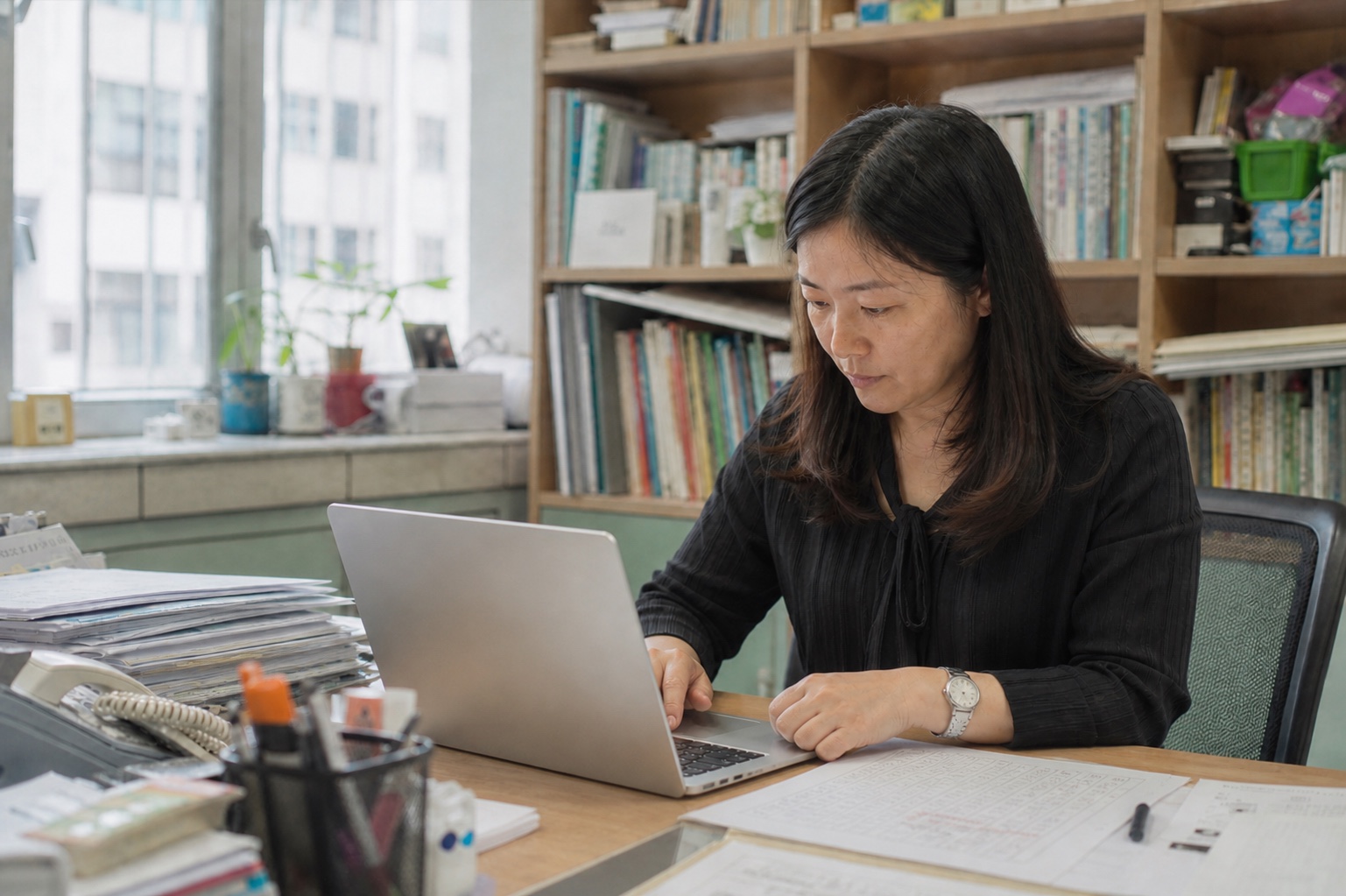 中文科老師在學校辦公室專注查看 MacBook 螢幕上的學生作文